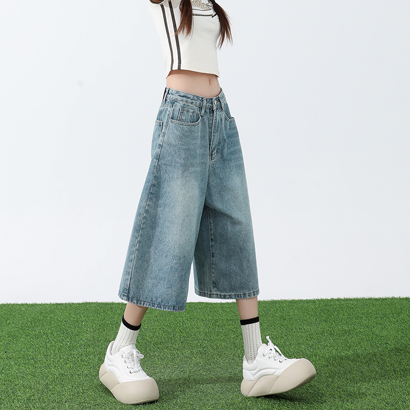 高腰七分牛仔裤女夏季薄款2025年新款短裤美式直筒宽松7分阔腿裤