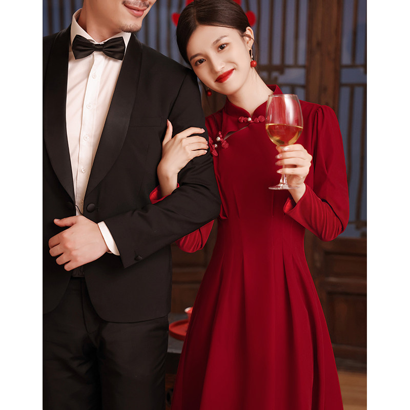 酒红色新娘敬酒服结婚2021新款旗袍订婚回门礼服连衣裙平时可穿女