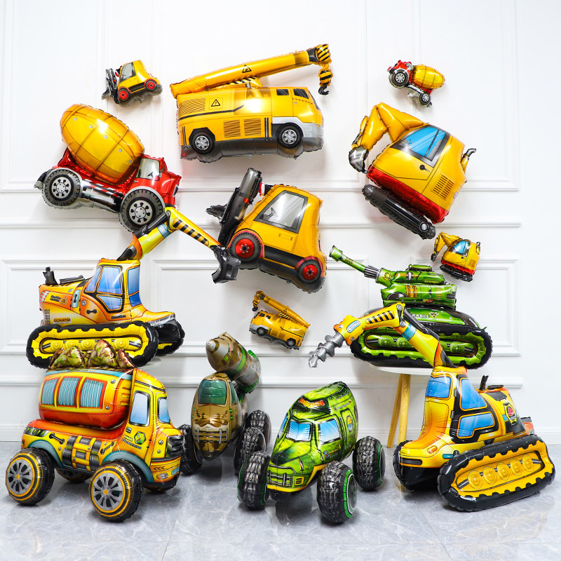 男孩汽车主题生日气球装饰品儿童宝宝派对场景布置道具挖掘机坦克