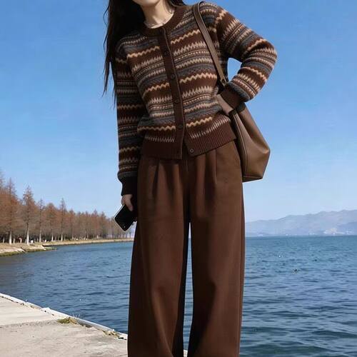 100%山羊绒开衫女加厚复古费尔岛26秋冬新款提花拼色针织毛衣外套