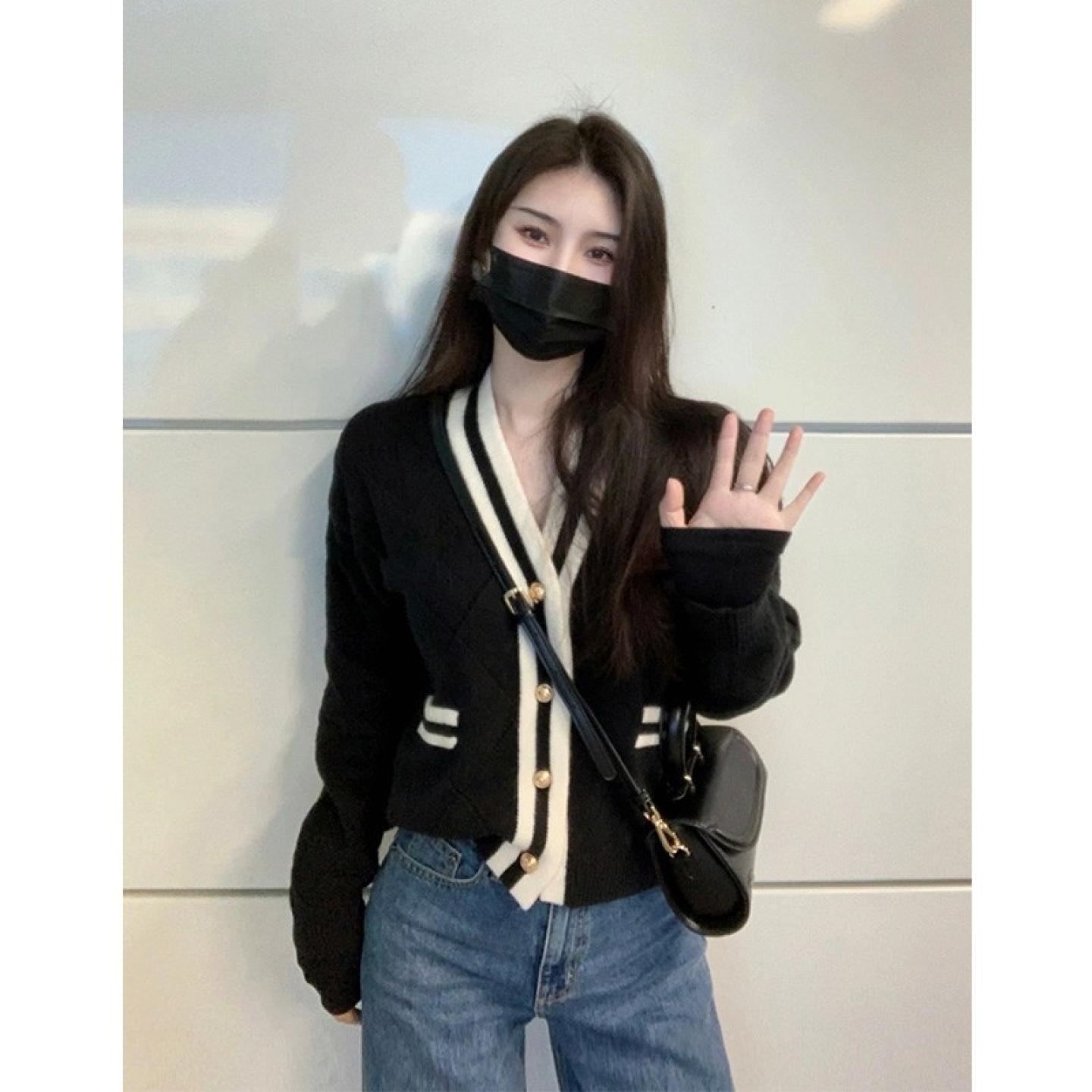 小香风100%山羊绒开衫女拼色短款