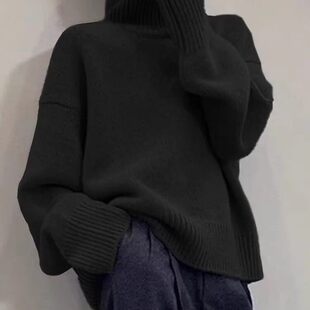 纯山羊绒高领毛衣女2026秋冬新款简约黑色加厚宽松针织打底衫