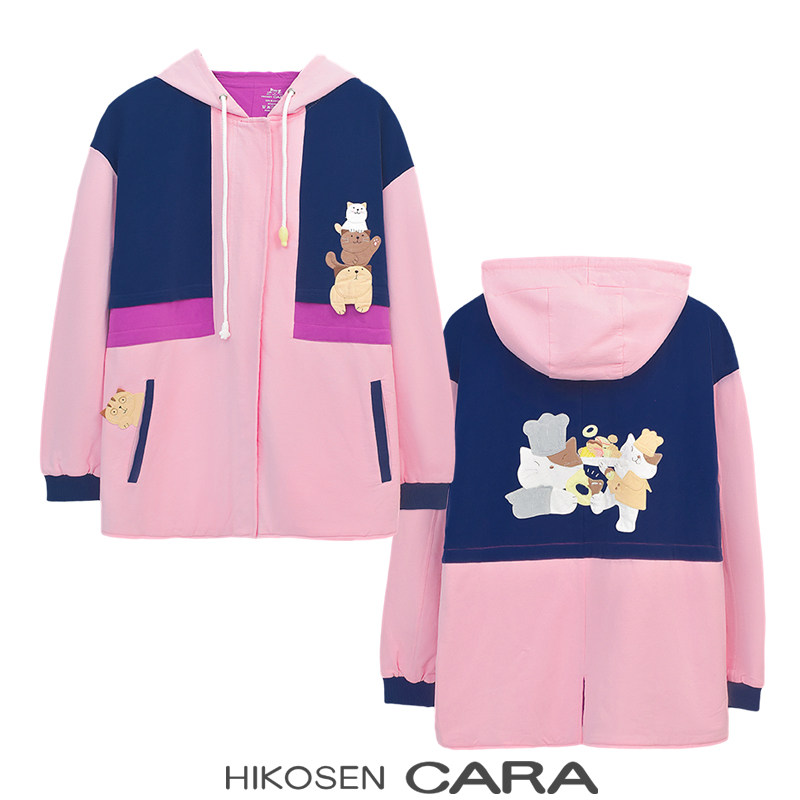 HIKOSEN CARA卡拉猫经典精品款落落猫猫贴布撞色双层风衣外套