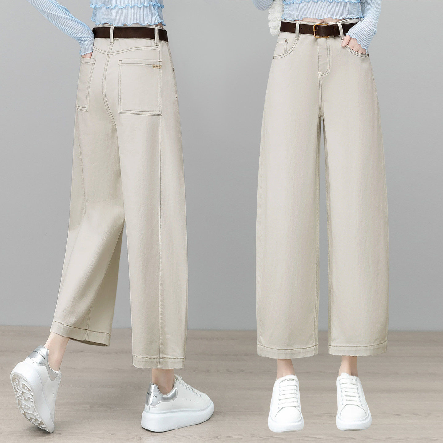 小个子九分牛仔裤女春秋新款米灰色高腰显瘦阔腿弯刀裤宽松镰刀裤