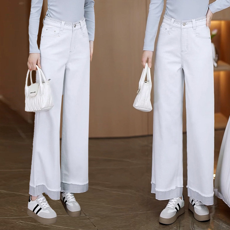 拼接水洗棉牛仔阔腿裤女高腰显瘦九分休闲裤春夏季毛边窄版直筒裤