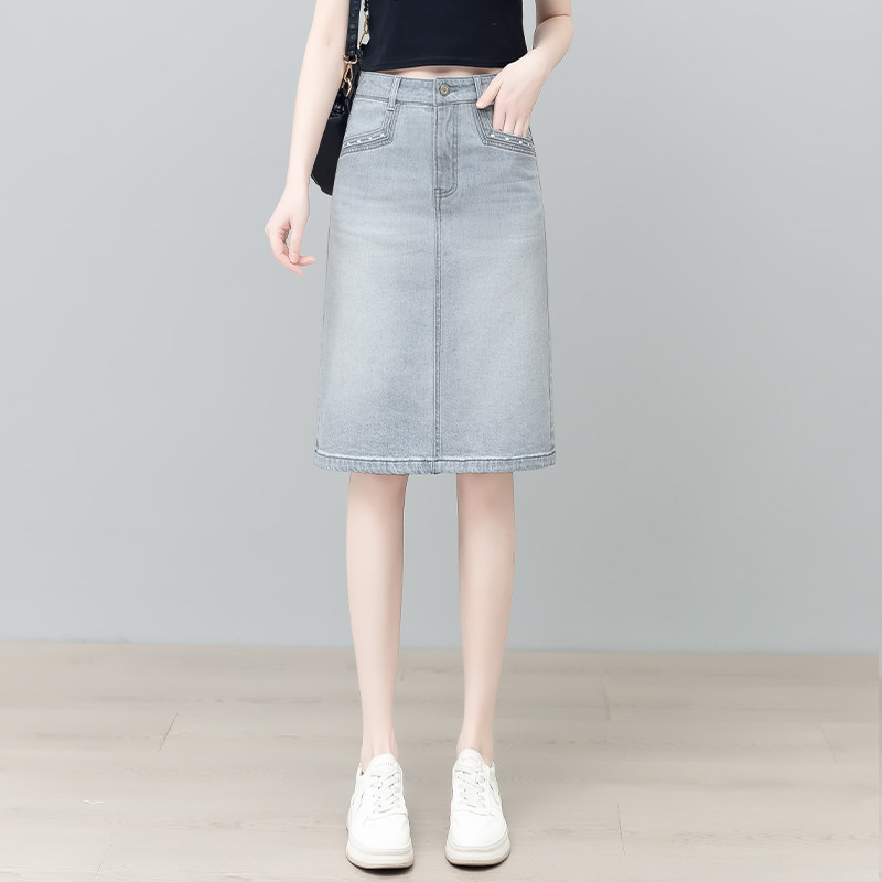 复古后开叉半身牛仔短裙女2026夏季薄款浅色中长款A字一步包臀裙a