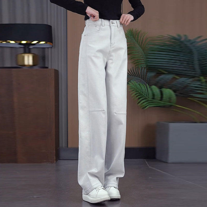 莫兰迪灰软牛仔直筒弯刀裤女春秋新款窄版休闲裤高腰宽松阔腿裤