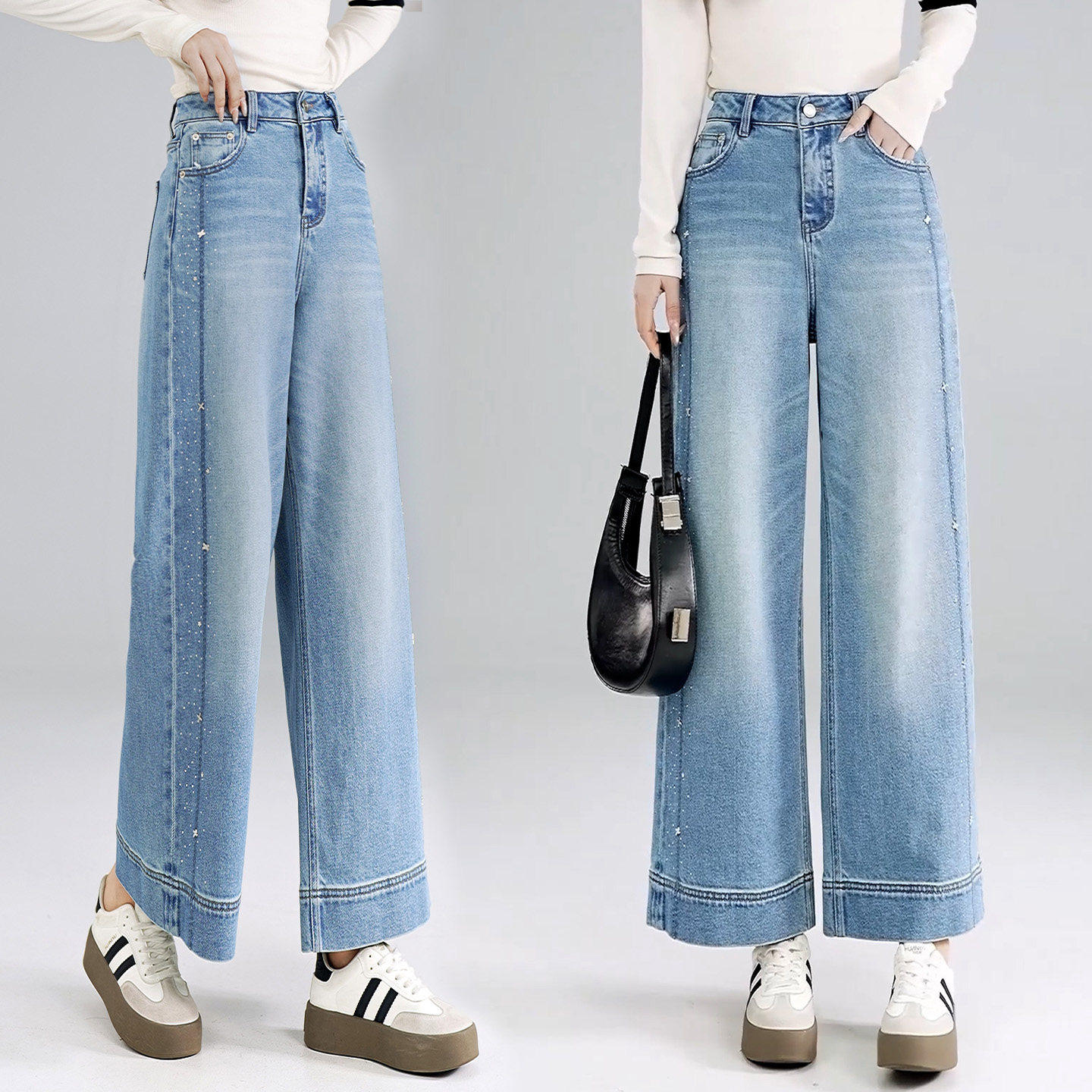 蓝色烫钻直筒牛仔裤女春秋2026新款垂感宽松小个子九分窄版阔腿裤