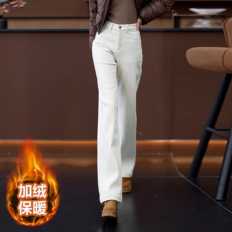 米白色时尚洗水棉软牛仔阔腿裤女宽松春秋加绒加厚窄版直筒休闲裤