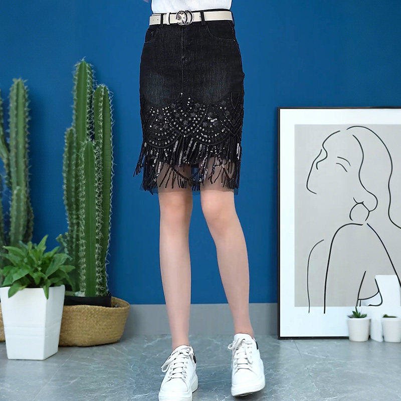 高腰蕾丝网纱牛仔裙女202春秋新款显瘦A字包臀裙时尚短款半身裙