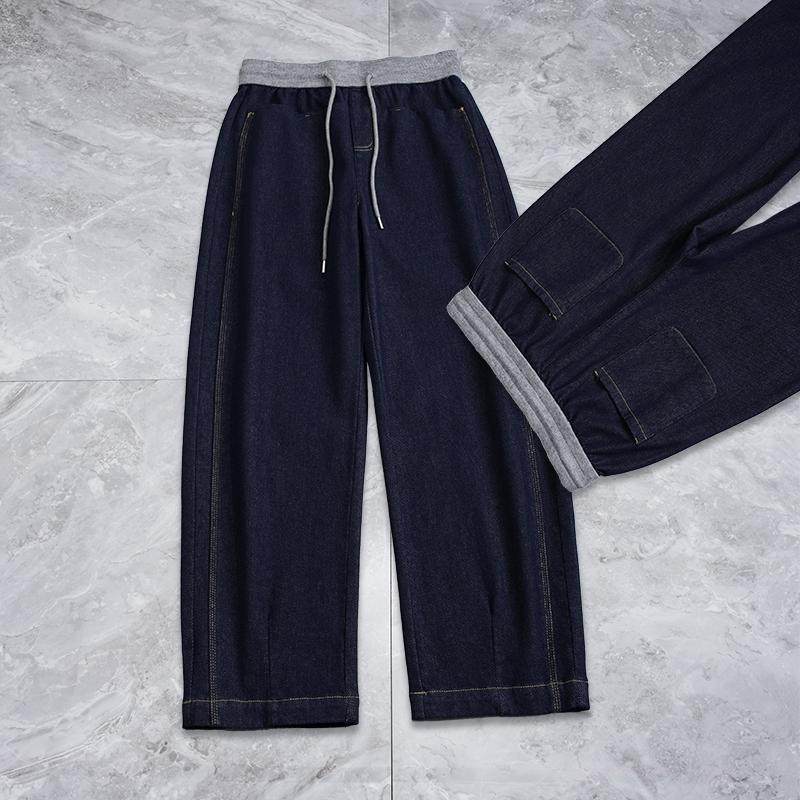 丹宁蓝松紧腰抽绳弯刀甘蔗牛仔裤女宽松显瘦秋冬加厚植绒直筒阔腿