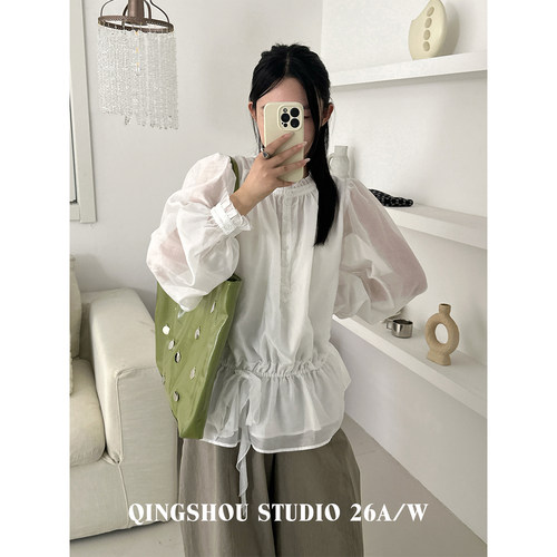 白色灯笼袖收腰显瘦减龄衬衫