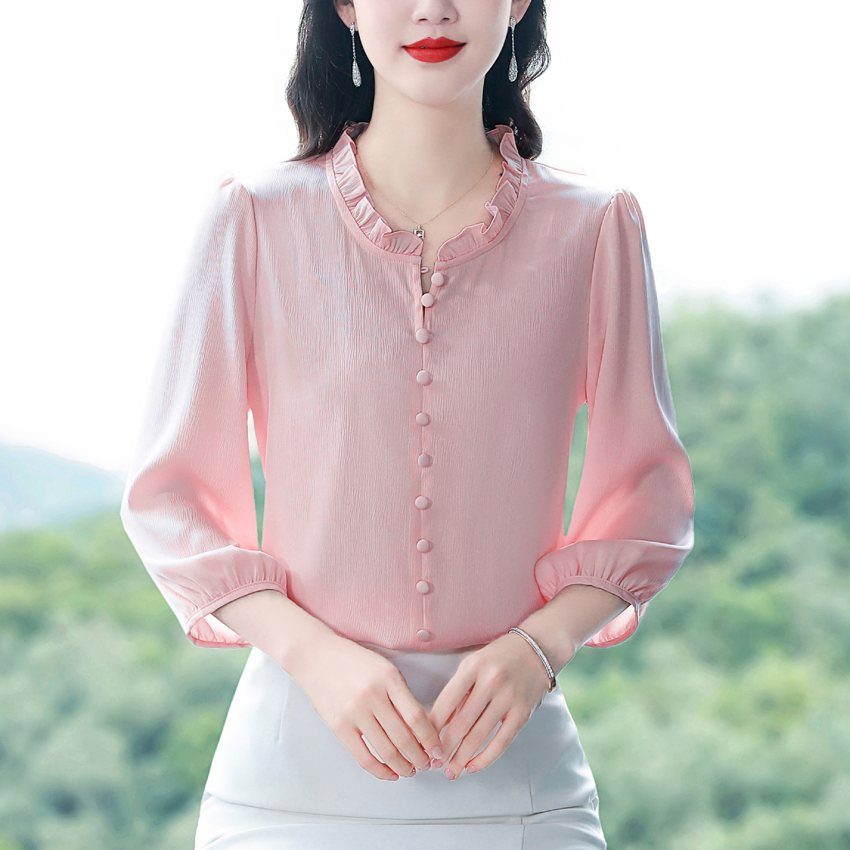 白领哥弟新真丝衬衣女七分袖夏荷叶领时尚高端衬衫大牌桑蚕丝上衣