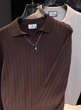 冬季新款时尚翻领条纹针织毛衣男士潮百搭休闲韩版上衣男27883