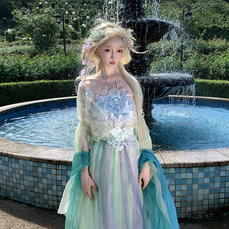芥子记【香栀子】仙女风挂脖吊带刺绣腰封飘片花瓣齐腰汉服