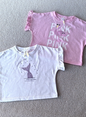 2-7岁~外贸Y单夏装女童装 纯棉亮片绣卡通荷叶袖短袖宽松短款T恤