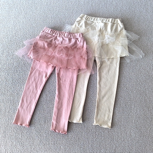 100-140码~外贸韩单春秋款女童装 纯棉氨棉弹力拼纱打底长裤裙裤