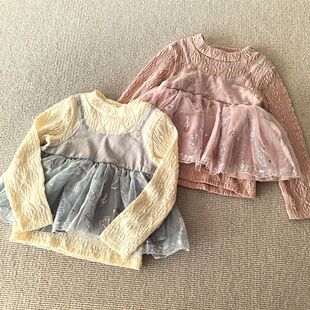110-130码~外贸日单春秋女童装 柔软弹力气泡棉拼纱假两件卫衣裙