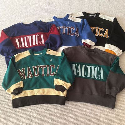 90-150码~外贸日单春秋款男童装 纯棉毛圈拼接色圆领宽松卫衣