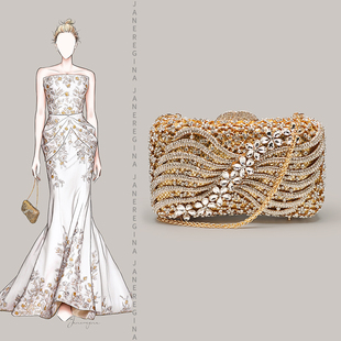 高定礼服装 金色镶钻小包 饰花朵晚宴包轻奢旗袍搭配手拿包包女新款