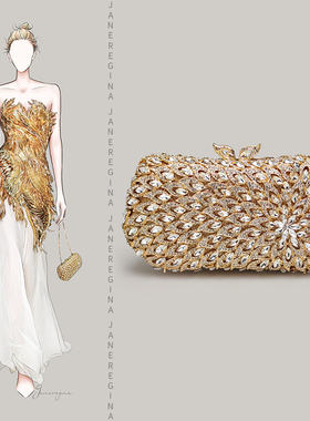 精致高档宴会手拿包金色闪亮水钻小手包包女搭配旗袍礼服的晚宴包