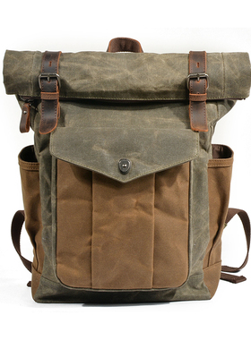 油蜡布卷轴双肩包防水帆布伞兵徒步登山旅行复古户外露营休闲男女