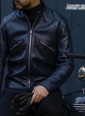 Addict AD-05日产英式机车皮衣复古直拉立领修身夹克外套植鞣马皮