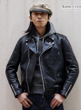 Addict AD-03英式斜拉复古机车翻领皮衣外套夹克日产植鞣马皮男