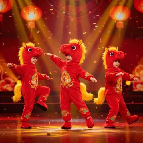 元旦马年喜庆演出服新年小马奔腾拜年舞蹈服马蹄声声儿童男女