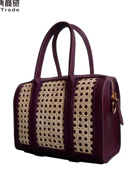 手工制作 恒典藤编 编织 手提波士顿包 紫色手拎单肩斜挎潮流女包