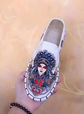 社会人老北京精神小伙男鞋刺绣花布鞋色鬼脸谱帆布鞋冬季加绒豆豆