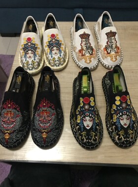 春秋色鬼布艺中国风刺绣牛筋底男一脚蹬西山布鞋京剧花旦脸谱江南