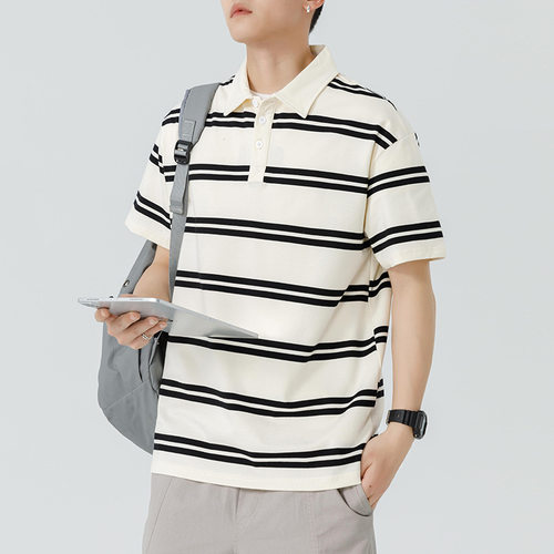 条纹Polo衫男夏季宽松日系翻领