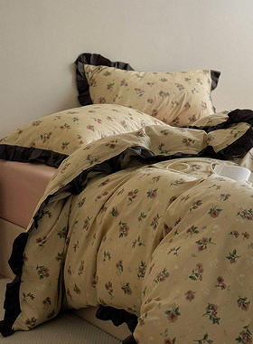 法式复古黑色花边全棉床上四件套被套纯棉床单宿舍学生三件套床笠