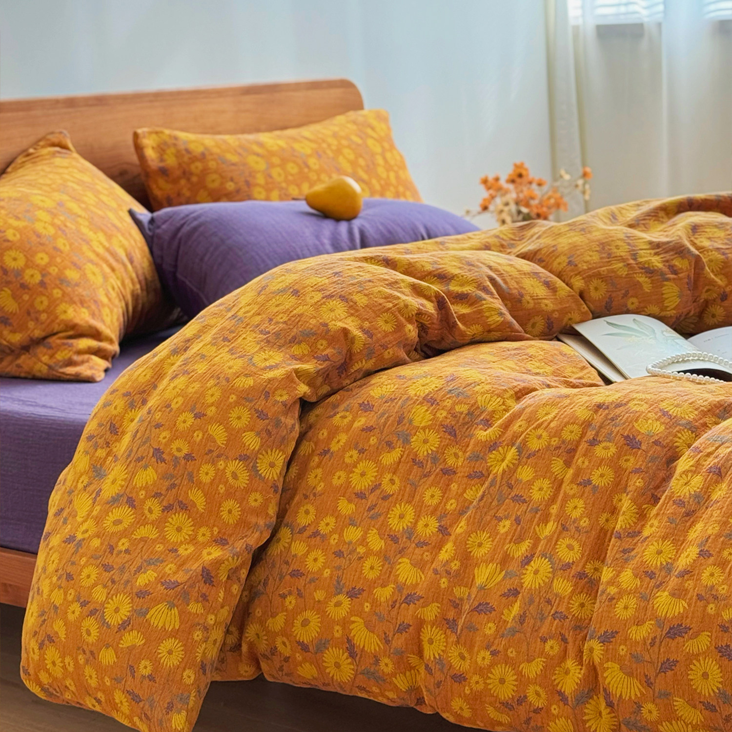 奶奶风复古怀旧A类全棉色织提花双层纱被套单件1.8米床上三四件套