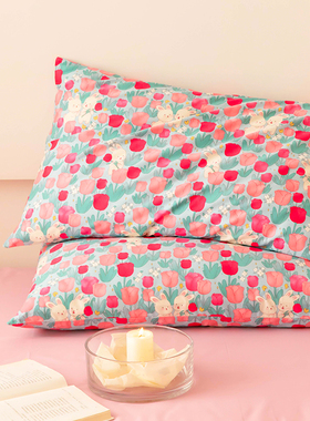 红色郁金香兔子纯棉枕套一对装单人100全棉枕头套单个48x74cm枕袋