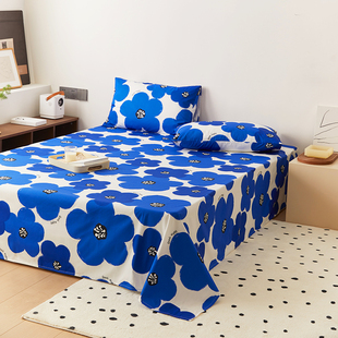 ins风纯棉床单枕套三件套100全棉学生宿舍蓝花朵单人被单夏季 单件