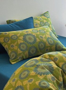 绿色太阳花A类全棉色织提花双层纱被套三四件套1.5m1.8床学生被罩