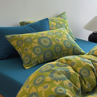 绿色太阳花A类全棉色织提花双层纱被套三四件套1.5m1.8床学生被罩