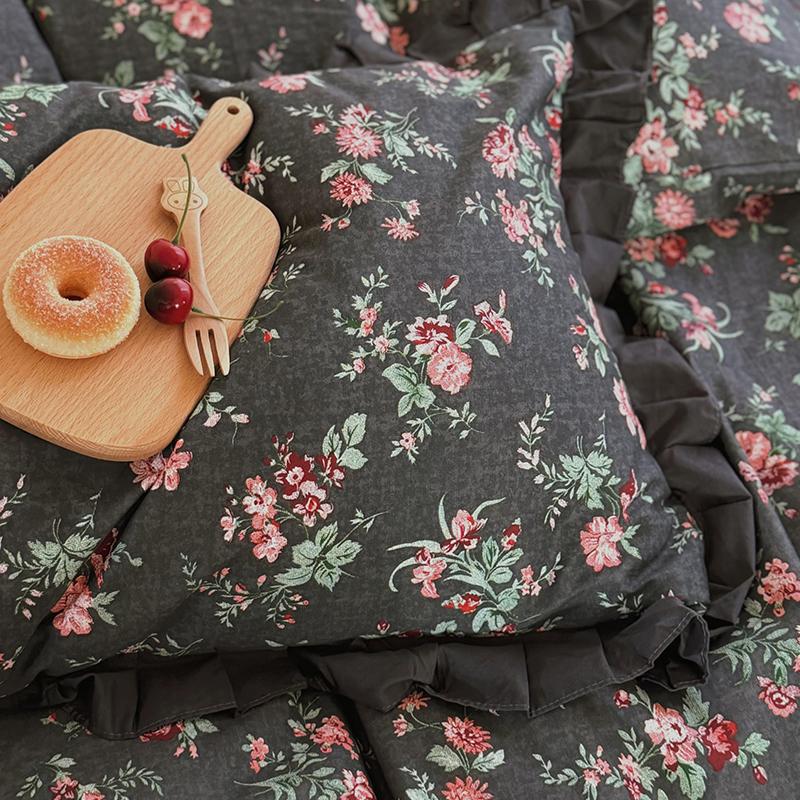 暗黑玫瑰被套三四件套全棉荷叶边