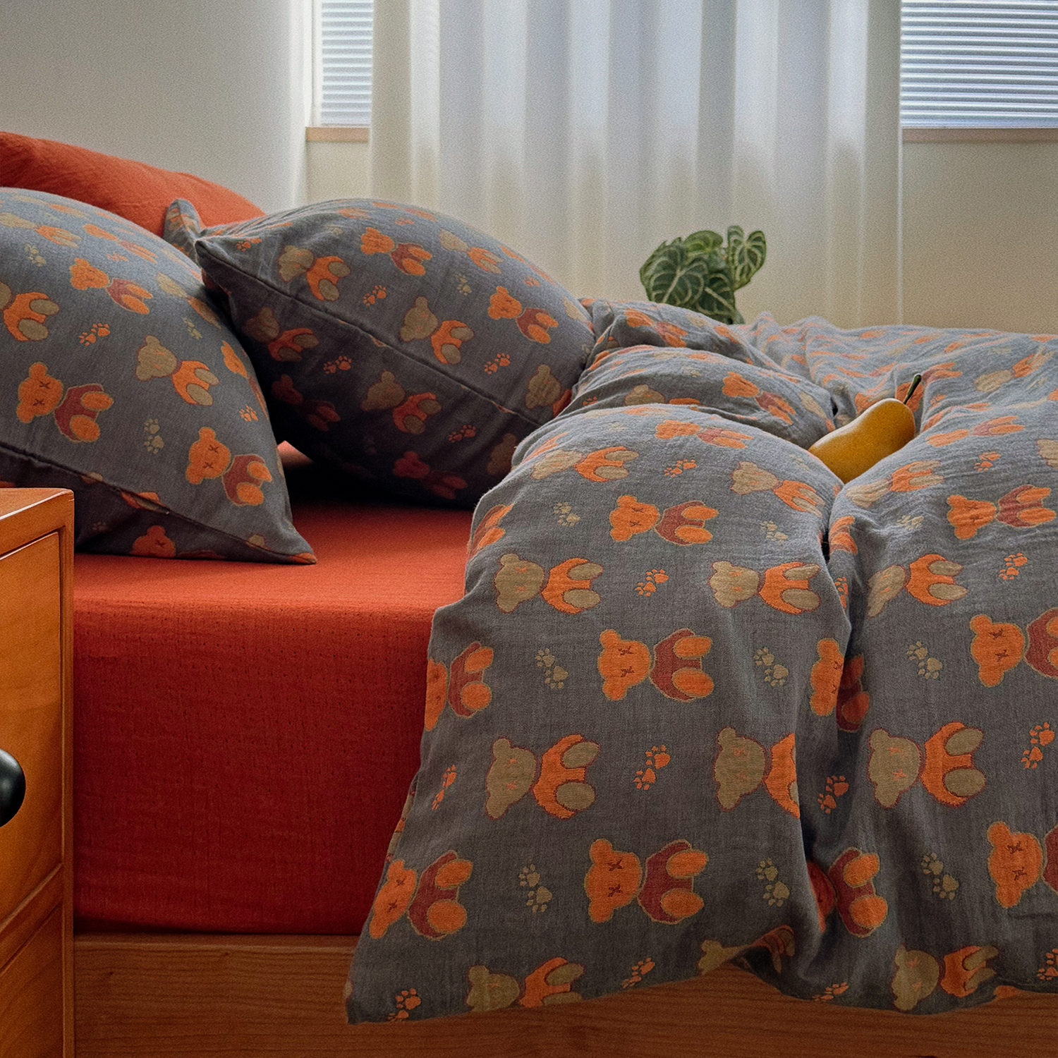 牛仔蓝绅士小熊全棉色织提花被套