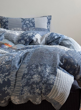 蓝色格子碎花A类全棉色织提花双层纱被套三四件套1.5m1.8学生被罩