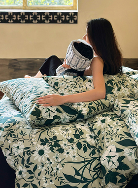 森系绿色植物花卉纯棉全棉被套单件田园风床上四件套被罩1.8m床笠