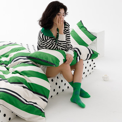 小众设计师纯棉全棉被套四件套简约条纹绿色床上用品双人被罩单件