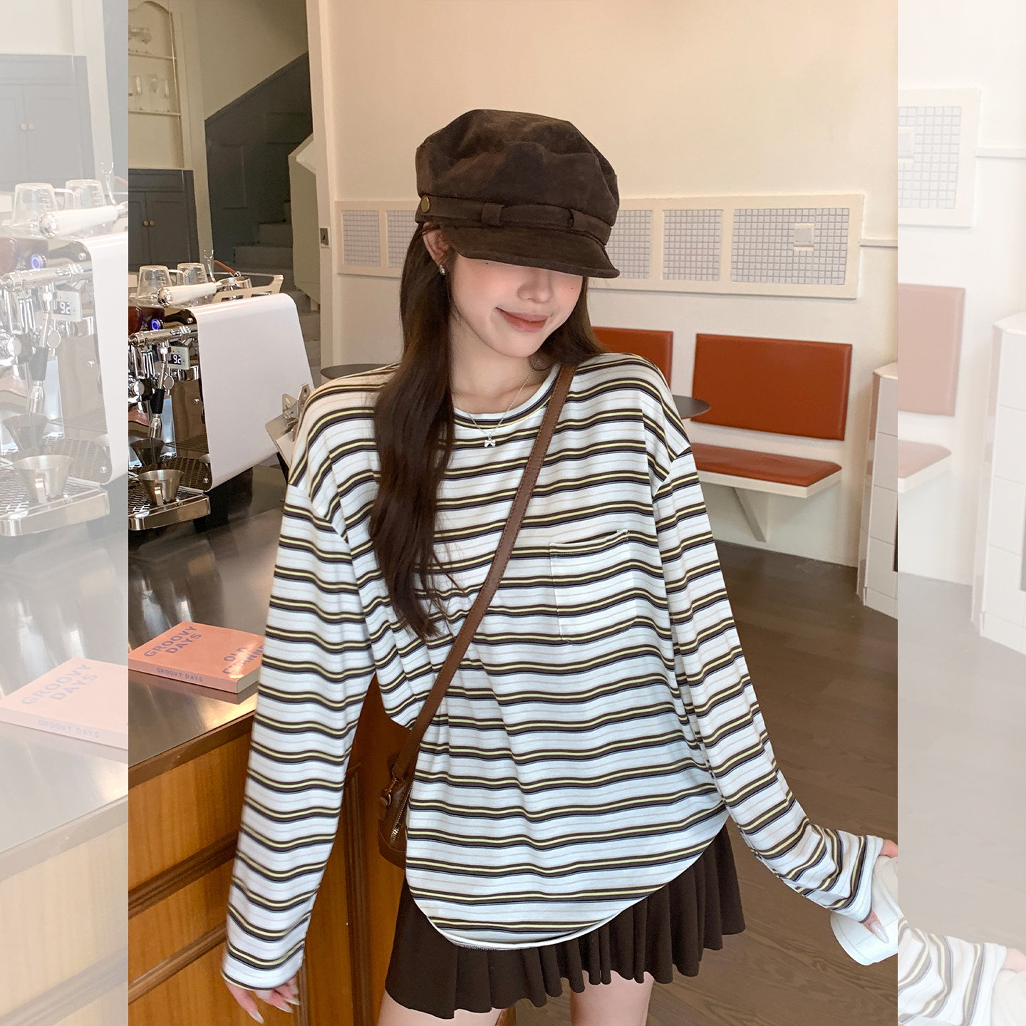 2025新款韩系黄白条纹长袖t恤女秋2025宽松百搭慵懒风松弛感上衣