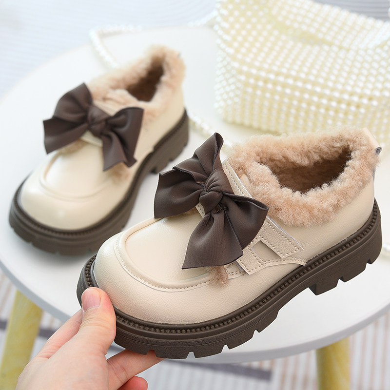 女童加绒二棉鞋儿童蝴蝶结真皮公主鞋2025冬季新款童鞋小皮鞋棉鞋