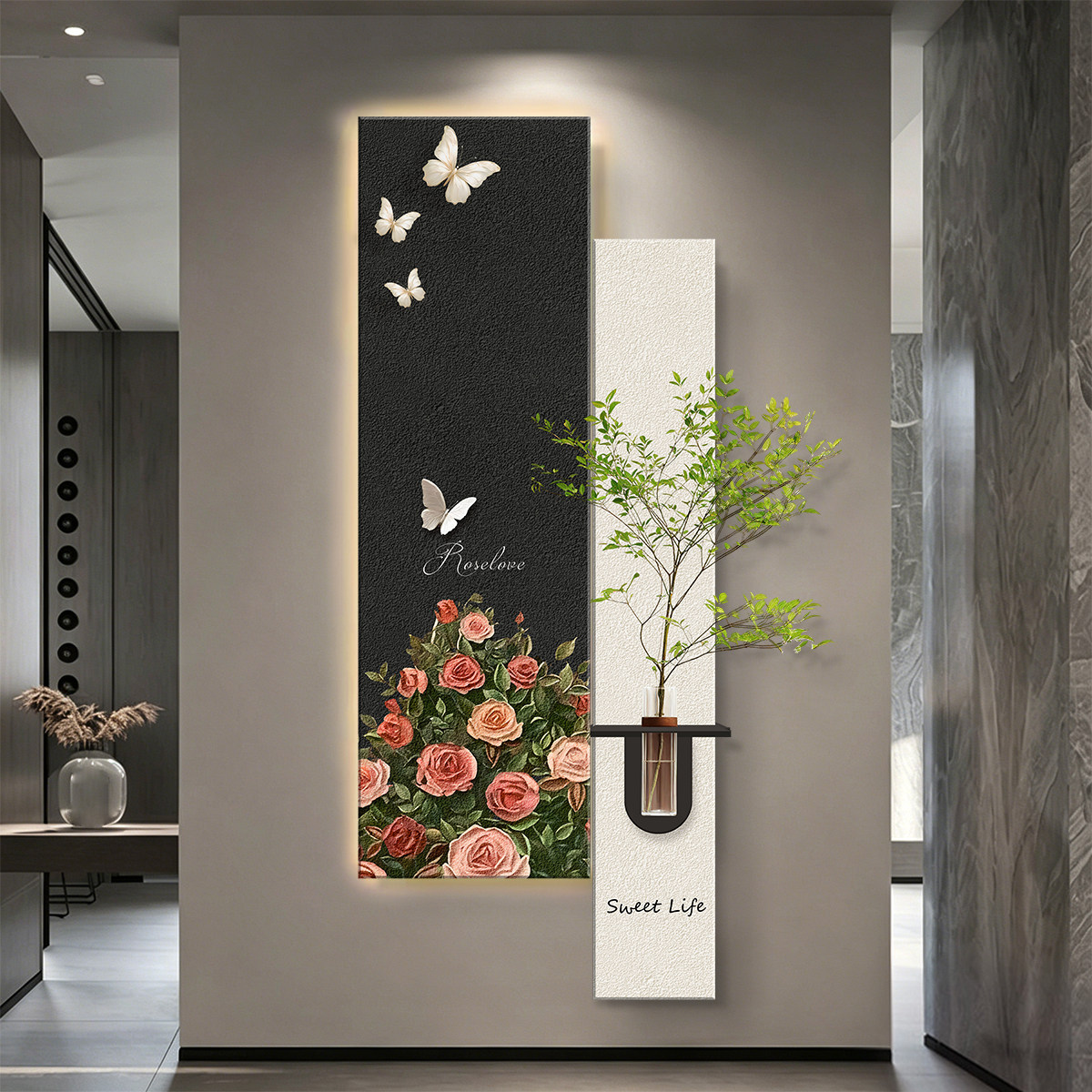 蝴蝶花卉砂岩花瓶绿植入户玄关装饰画走廊过道尽头挂画高级感壁画