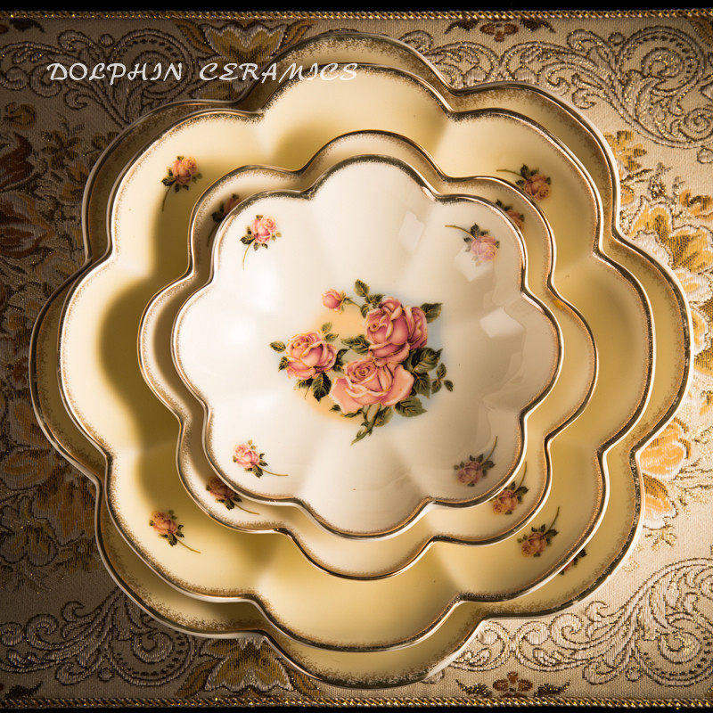 韩式陶瓷盘子菜盘家用碟子高档莲花形深盘点心盘女皇金玫瑰盘精致