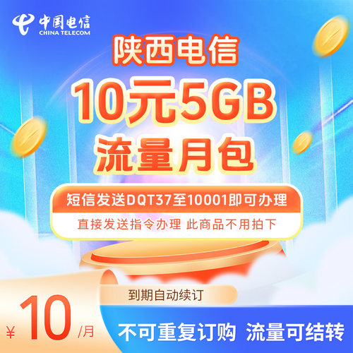 陕西电信流量月包10元5GB无需拍下短信发送DQJ37至10001即可办理