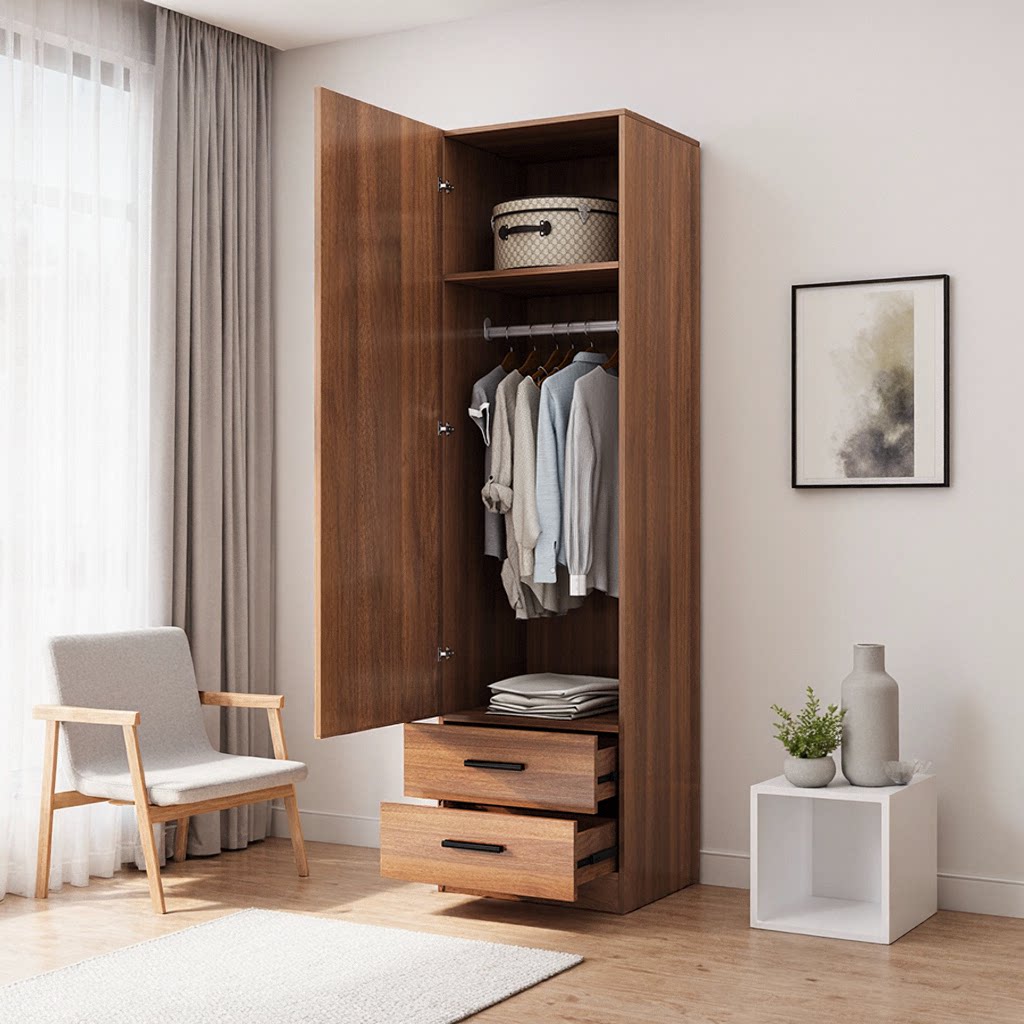 实木单门衣柜新中式高2米卧室成人储物窄柜阳台简易收纳小衣橱